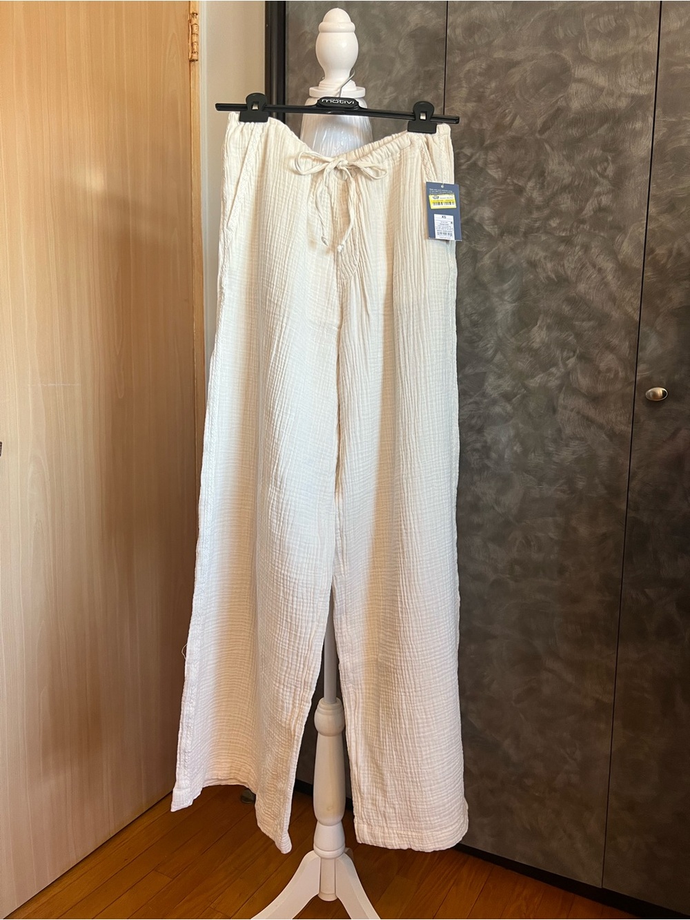 Cream Gauze Wide-Leg Drawstring Pants
